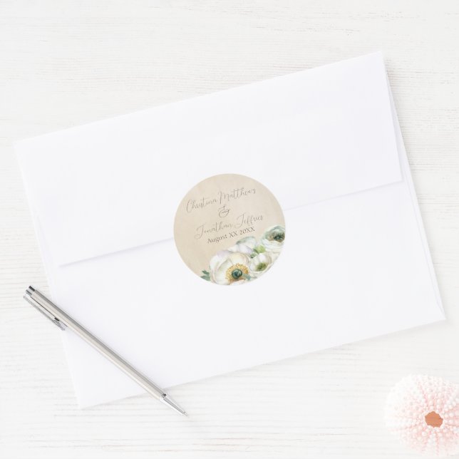 Sticker Rond Ranunculus blanc aquarelle rustique (Enveloppe)