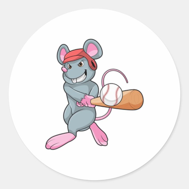 Sticker Rond Rat au baseball avec batte et casque de baseball (Devant)