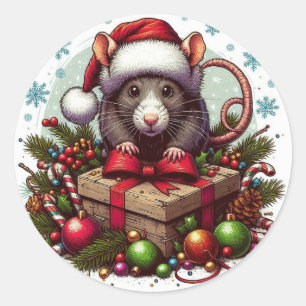 Sticker Rond Rat portant santa chapeau Noël cadeaux Art