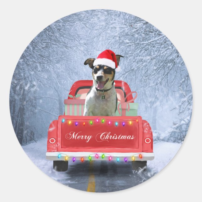Sticker Rond Rat Terrier Chien en neige assis sur le camion de  (Devant)