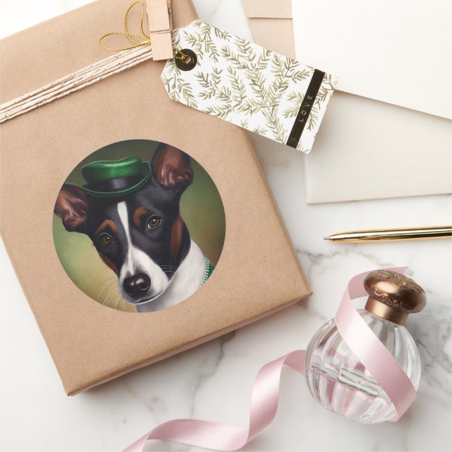 Sticker Rond Rat Terrier Chien en robe de fête St. Patrick (Cadeaux)