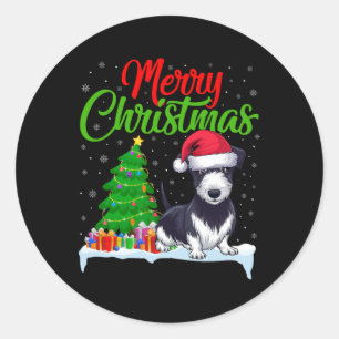 Sticker Rond Rat Terrier Chien Noël Lumières Arbre de Noël Drôl