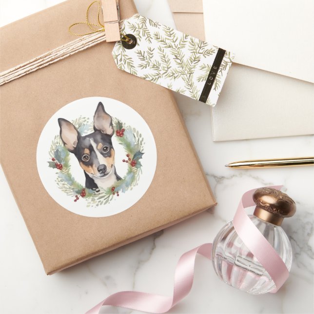 Sticker Rond Rat Terrier Fête de Noël Wreath Pup (Cadeaux)