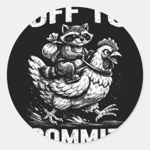 Sticker Rond Raton laveur chevauchant un poulet pour aller comm