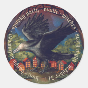 Sticker Rond Raven Moonlight sorcières Halloween Nuit