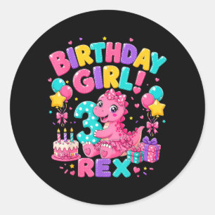 Sticker Rond Rawr 3 Trois Rex Rose Dinosaure 3ème Anniversaire