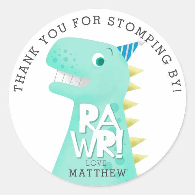 Sticker Rond RAWR Dinosaur Anniversaire Merci de fête Favoriser (Devant)