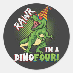 Sticker Rond Rawr Je suis un Dinofour 4e anniversaire Dinosaur