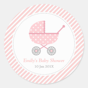 Sticker Rond Rayures roses et blanches, Poussette, Fête de bébé