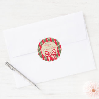 Sticker Rond Rayures rouges et vertes rétro de Noël avec nœud