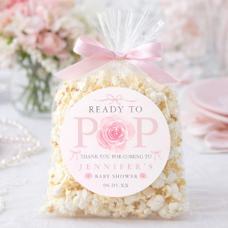 Sticker Rond Ready to Pop Floral Bow Baby Shower Popcorn Bag 