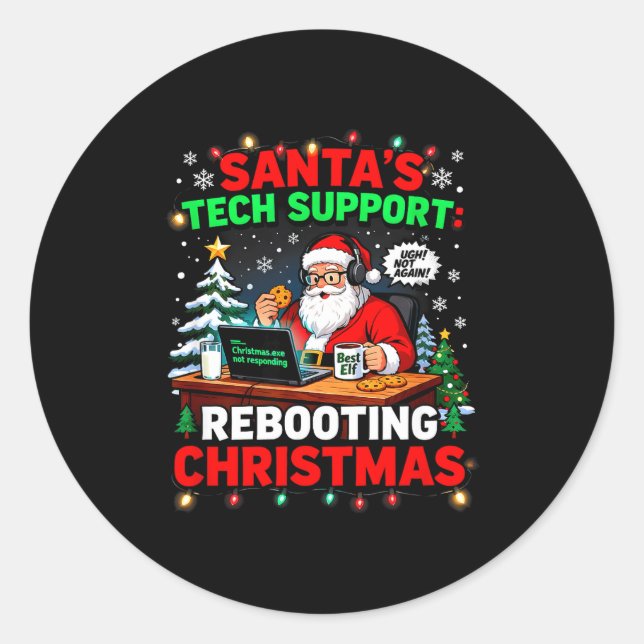 Sticker Rond Rebooting Funny Santa's Tech Suprt Christmas Compu (Devant)