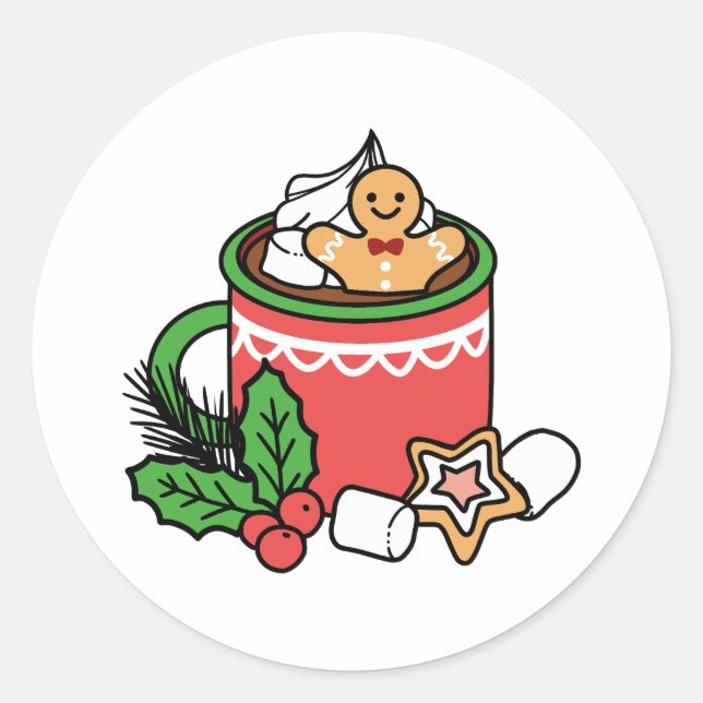 Sticker Rond Réchauffez-vous avec les appels de cacao de neige  (Devant)