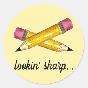 Sticker Rond Recherche dans l'écriture de l'école de crayon jau