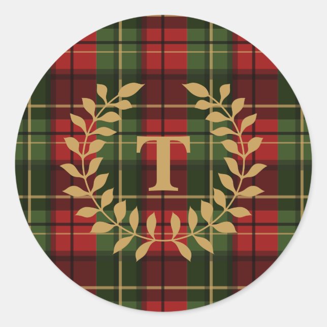 Sticker Rond Red And Green Plaid Tartan Pattern With Monogram (Devant)