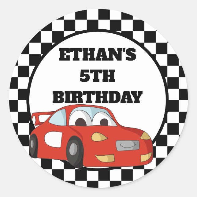 Sticker Rond Red Black White Race Car fête d'anniversaire (Devant)