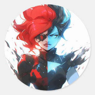 Sticker Rond Red Blue Fire Ice Comic Style Anime Girl