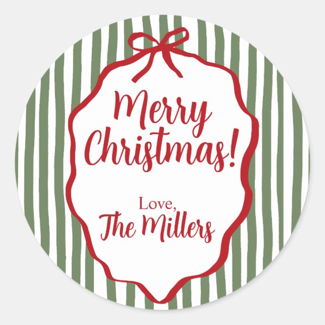 Sticker Rond Red Bow Christmas, Green Stripe Custom (Devant)