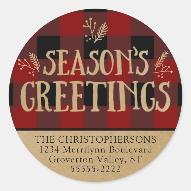 Sticker Rond Red Buffalo Check & Brown Kraft Adresse de retour (Devant)