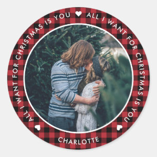 Sticker Rond Red Buffalo Plaid All I Want for Christmas Is You