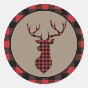 Sticker Rond Red Buffalo Plaid Border Deer