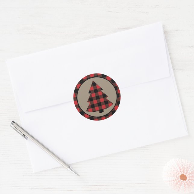 Sticker Rond Red Buffalo Plaid Bordure Arbre de Noël (Enveloppe)
