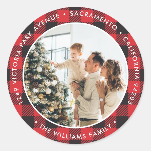 Sticker Rond Red Buffalo Plaid Christmas Retours Adresse Étique (Devant)