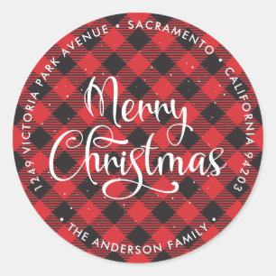 Sticker Rond Red Buffalo Plaid Christmas Retours Adresse Étique