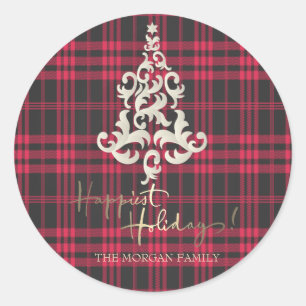 Sticker Rond Red Buffalo Plaid Christmas Tree Joyeuses Vacances