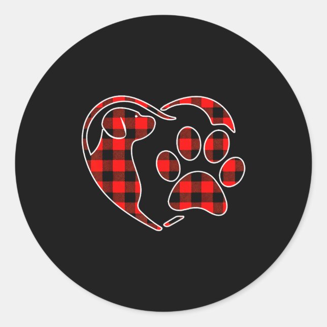 Sticker Rond Red Buffalo Plaid Pajama Dog Heart Paw Christmas  (Devant)