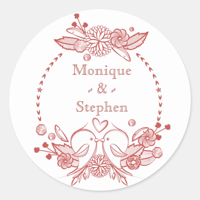 Sticker Rond Red Burgundy LoveBirds Floral Nom personnalisé (Devant)