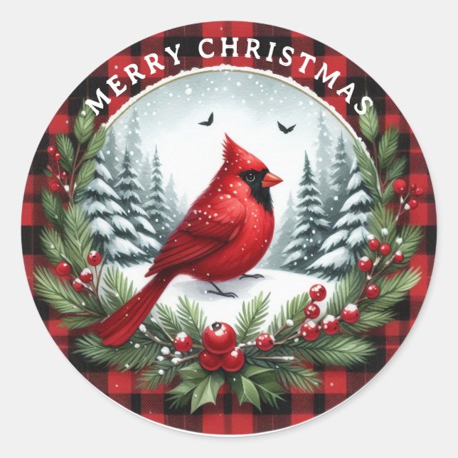 Sticker Rond Red Cardinal with Holly Berries (Devant)