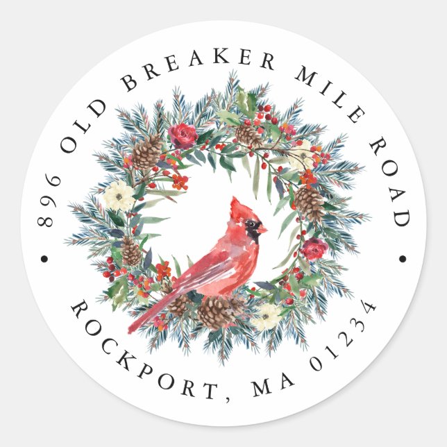 Sticker Rond Red Cardinal Wreath Christmas Return Adresse Label (Devant)