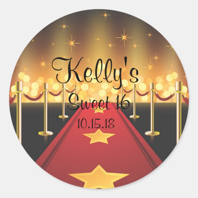 Sticker Rond Red Carpet Hollywood Sweet 16 Party Favor Étiquett (Devant)