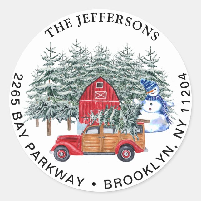 Sticker Rond Red Christmas Truck & Snowman Adresse de retour La (Devant)