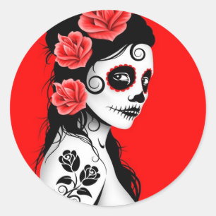 Sticker Rond Red day of the Dead Sugar Skull