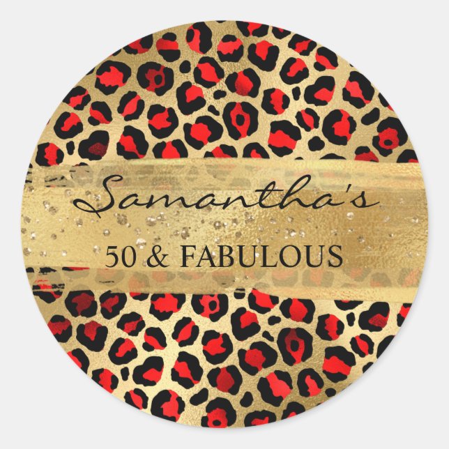 Sticker Rond Red et Gold Foil Leopard 50 & Fabulous (Devant)