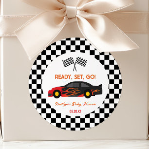 Sticker Rond Red Flame Race Car Ready Set Go Baby shower Favori