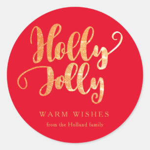 Sticker Rond Red Gold Holly Jolly Holiday
