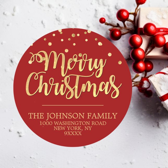 Sticker Rond RED Gold Parties scintillant Confetti Joyeux Noël  (RED Gold Glitter Confetti Merry Christmas Address Classic Round Sticker)