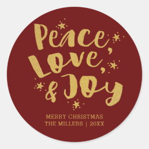 Sticker Rond Red Gold Peace Love & Joy Holiday Christmas