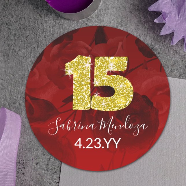 Sticker rond Red, Gold Quinceanera Gold #15 (red and gold number 15 sticker for red quinceanera party favors, envelopes. Gold glitter, red roses)