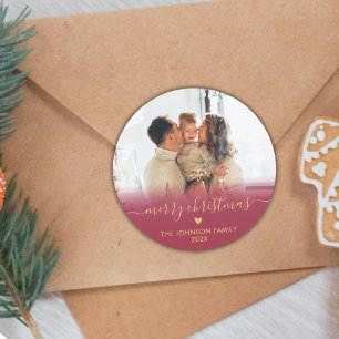 Sticker Rond Red Gold Script Family Photo Joyeux Noël Cl