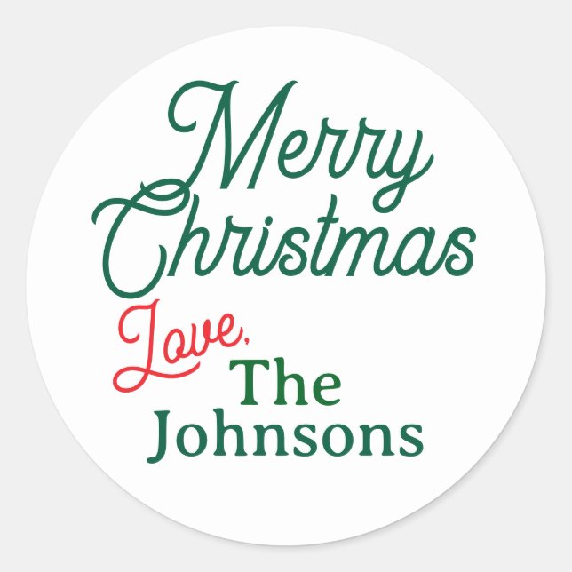 Sticker Rond Red Green Script Custom Name Joyeux Noël Blanc (Devant)