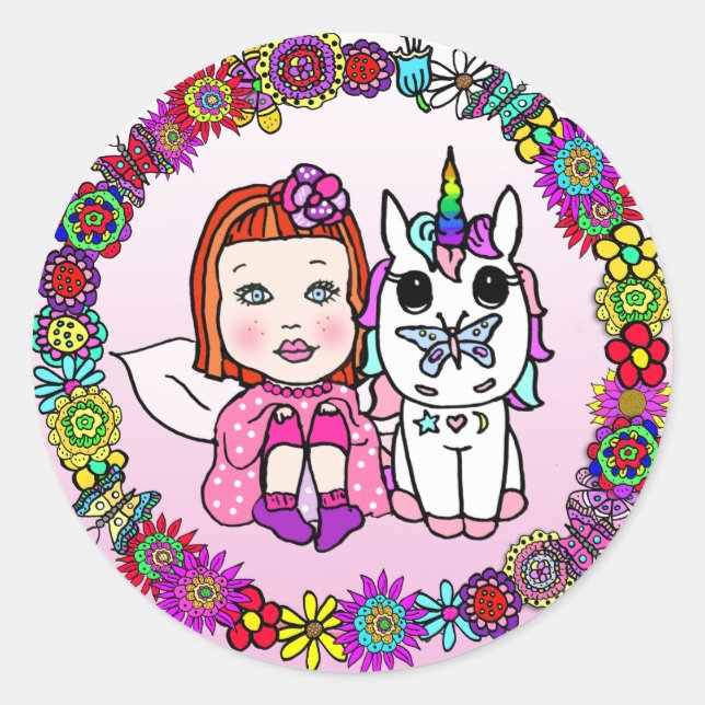 Sticker Rond Red Haired Fairy and Rainbow Unicorn and Butfly (Devant)