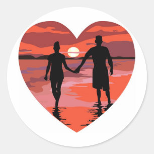 Sticker Rond Red Heart Sunset Beach tenant la main