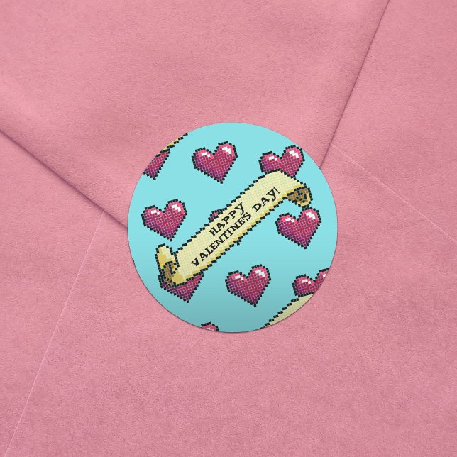 Sticker Rond Red Hearts Heureuse Sainte-Valentin Pixel Art Moti (Créateur téléchargé)