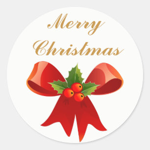 Sticker Rond Red Holly Bow Joyeux Noël ou Joyeuses Fêtes