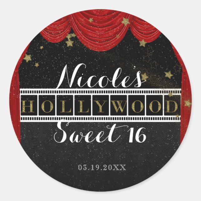 Sticker Rond Red HOLLYWOOD Rideaux & Gold Party Personnalisé Fa (Devant)