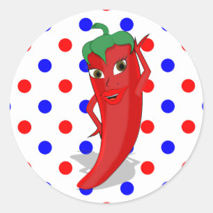 Sticker Rond Red Hot Pepper Diva Rouge Bleu Pois